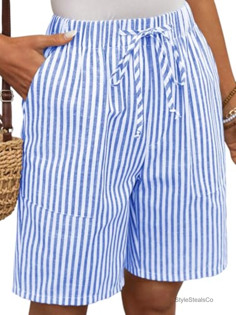 Women's Cotton Linen Bermuda Shorts Elastic Drawstring Casual Summer Beach